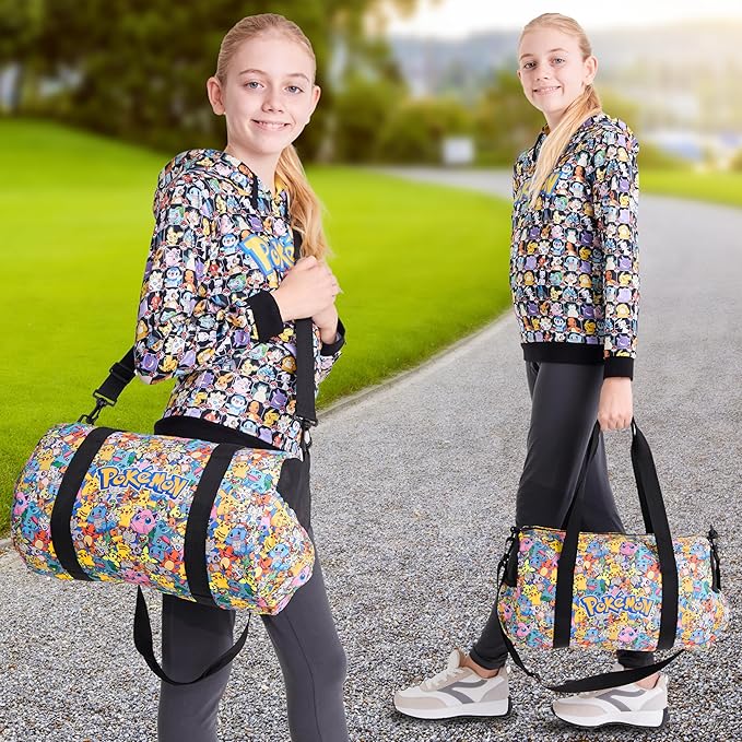 Pokemon Pikachu Duffel Kids Travel Bag - Gym Sports Overnight Holdall with Adjustable Strap & Pockets