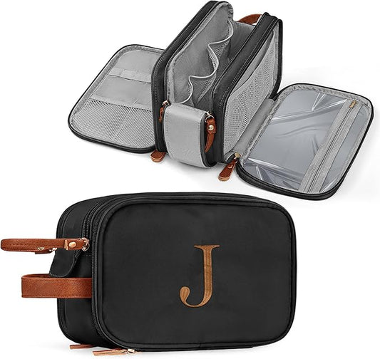 YOOLIFE Mens Travel Bag Toiletry - Christmas Gifts for Men Dad Boyfriend Husband, Personalized Birthday Gifts for Men Women Initial Black Toiletry Bag Travel Birthday Gift Dopp Kit Letter J Black