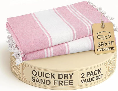 LANE LINEN Turkish Beach Towels, 2 Pack Extra Large Beach Towel, Pre-Washed for Soft Feel, Oversized Sand Free Quick-Dry Pool Towel, Beach Towels for Adults, 39"x71" - Candy Pink