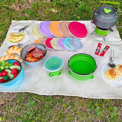 Mess Kit for Camping Silicone Collapsible Bowl Collapsible Cup and Stainless Steel Spoon for Backpacking Outdoor Hiking Traveling and Picnic