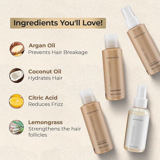 Moehair Travel Size Toiletries (Protein-Infused Shampoo, Conditioner, Leave-In Conditioner & Heat Protectant Spray) |Travel Shampoo and Conditioner Set | Sulfate & Paraben-Free Combo (3.4 Fl.Oz)