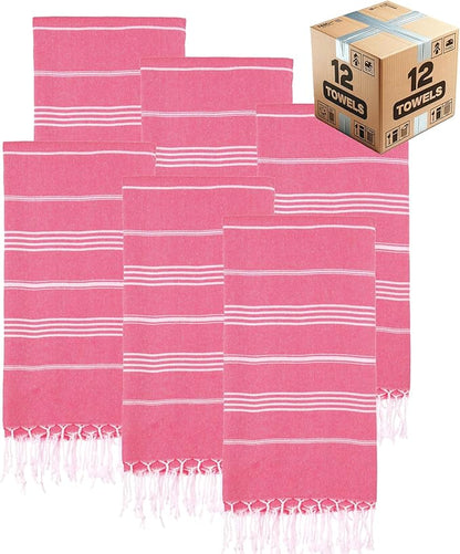Turkish Beach Towels, Bulk Case of 12 | Oversized, Quick Dry, Sand Free | 100% Cotton, Large 38x71 Towels for Beach, Pool, Travel | Ultra-Soft, Compact, Absorbent | Fuchsia