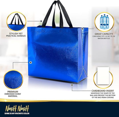 Nush Nush Shiny Large Blue Gift Bags Bulk – Set of 60 Reusable Blue Large Gift Bags with Handles - Ideal Goodie Bag for Birthday Party Favors, Small Business, Wedding, Holiday, Events – 13Wx5Dx11H