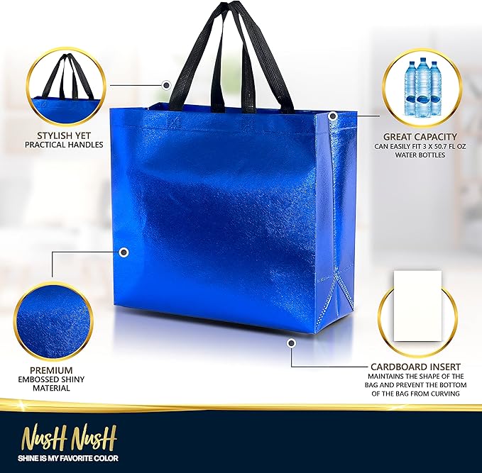 Nush Nush Shiny Large Blue Gift Bags Bulk – Set of 30 Reusable Blue Large Gift Bags with Handles - Ideal Goodie Bag for Men, Birthday Party Favors, Small Business, Wedding, Holiday – 13Wx5Dx11H
