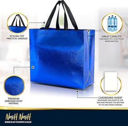 Nush Nush Shiny Large Blue Gift Bags Bulk – Set of 30 Reusable Blue Large Gift Bags with Handles - Ideal Goodie Bag for Men, Birthday Party Favors, Small Business, Wedding, Holiday – 13Wx5Dx11H