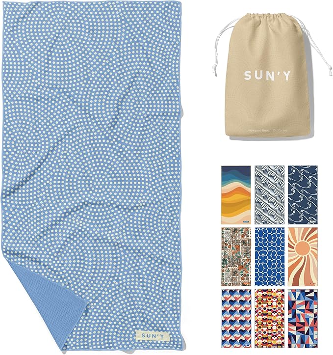 SUN'Y Waffle Microfiber Beach Towel – Sand Free, Quick Dry, Ultra Absorbent, Lightweight & Compact Travel Towel with Carry Bag - Large (63” x 31.5”), Raindrop