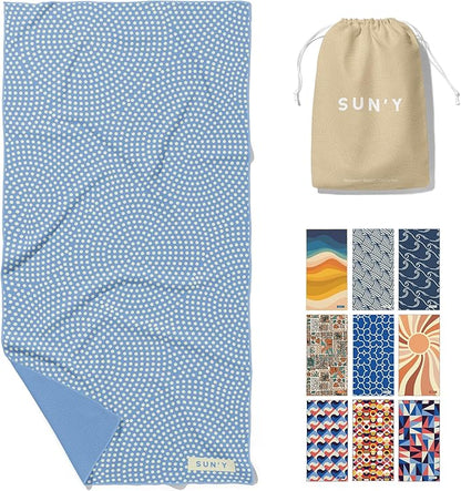 SUN'Y Waffle Microfiber Beach Towel – Sand Free, Quick Dry, Ultra Absorbent, Lightweight & Compact Travel Towel with Carry Bag - Large (63” x 31.5”), Raindrop