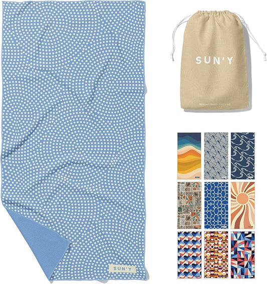 SUN'Y Waffle Microfiber Beach Towel – Sand Free, Quick Dry, Ultra Absorbent, Lightweight & Compact Travel Towel with Carry Bag - Large (63” x 31.5”), Raindrop