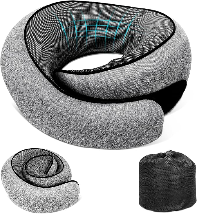 Travel Neck Pillow for Airplanes, 100% Memory Foam Neck Pillow for Sleeping, 360° Neck Support Pillow, Compact and Ergonomic Design for Travel, Car Rides, Airport (Dark Grey)