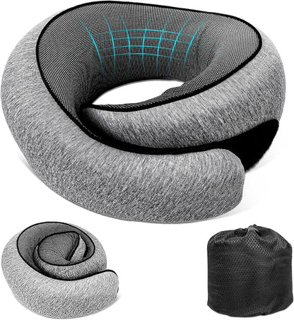 Travel Neck Pillow for Airplanes, 100% Memory Foam Neck Pillow for Sleeping, 360° Neck Support Pillow, Compact and Ergonomic Design for Travel, Car Rides, Airport (Dark Grey)