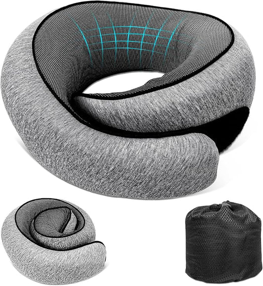 Travel Neck Pillow for Airplanes, 100% Memory Foam Neck Pillow for Sleeping, 360° Neck Support Pillow, Compact and Ergonomic Design for Travel, Car Rides, Airport (Dark Grey)