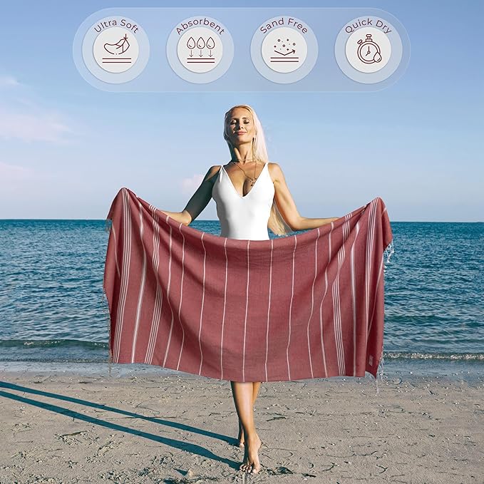 Turkish Beach Towel Soft & Sand Free Extra Large (39" x 71") - Quick Dry, Versatile and Functional as Pool, Bath and Travel Towel, Picnic, Outdoor and Beach Blanket - Rose Red