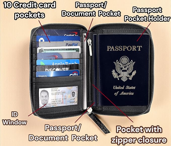 Passport Wallet - Travel Document Holder w/RFID Blocking – Full Grain Leather – Bifold compact zip around Wallet with Credit Card Slots for Women and Men, black, 500-90