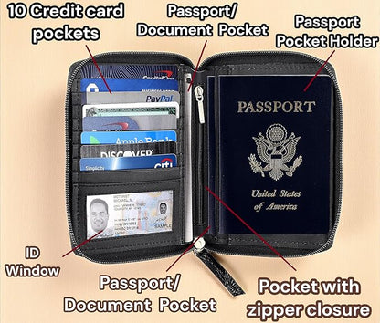Passport Wallet - Travel Document Holder w/RFID Blocking – Full Grain Leather – Bifold compact zip around Wallet with Credit Card Slots for Women and Men, black, 500-90