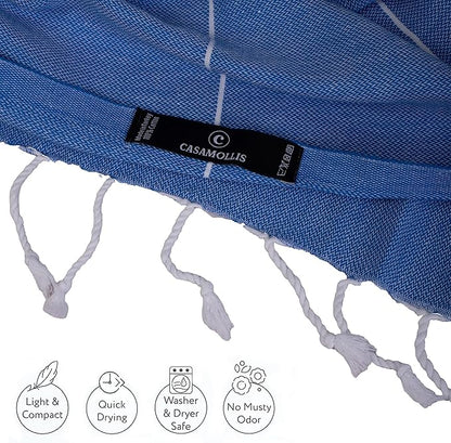 Turkish Beach Towel, Prewashed, 100% Cotton, Soft, Absorbent, Quick Dry, Sand Free Large Oversize Beach Towels for Bathroom Camping Yoga Gym Pool Travel Size 39x71 Inches (Blue)
