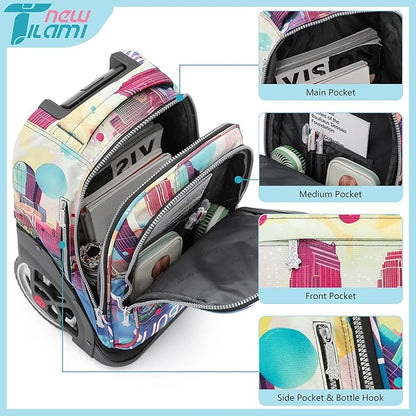 NEW TILAMI 19 Inch Rolling Backpack with Lunch Bag for Girls Boys Wheeled Laptop Backpack Durable Carry-on Bag School Travel, City