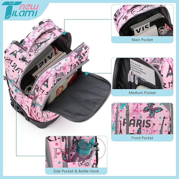NEW TILAMI 18 Inch Rolling Backpack with Wheels for Girls Boys Kids Laptop Backpack School Travel, Pink Paris