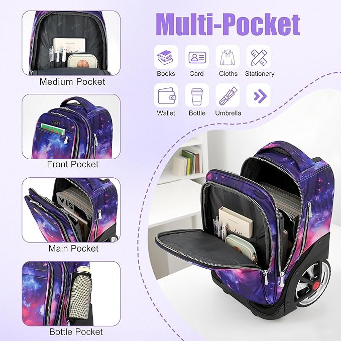 NEW TILAMI 19 Inch Rolling Backpack with Lunch Bag for Girls Boys Wheeled Laptop Backpack Durable Carry-on Bag School Travel, Purple Starry