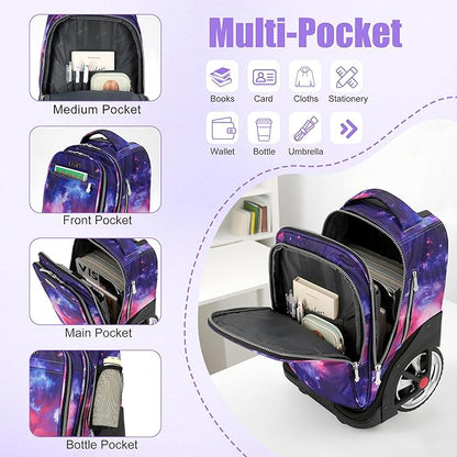 NEW TILAMI 19 Inch Rolling Backpack with Lunch Bag for Girls Boys Wheeled Laptop Backpack Durable Carry-on Bag School Travel, Purple Starry
