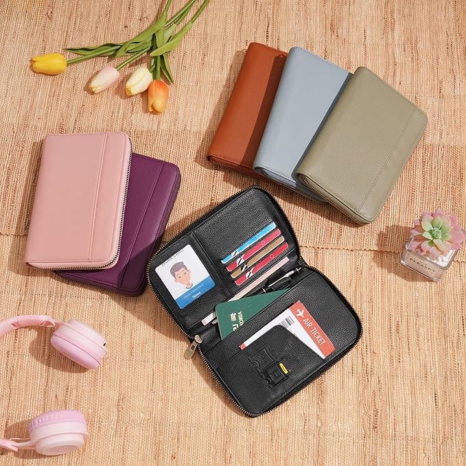 WASON Leather Zipper Travel Passport Wallet Holder RFID Blocking Cover, Passport case Pocket Slot for Card, Cash, ID, Boarding Pass and Ticket for Men, Women and Family Trips (Black)