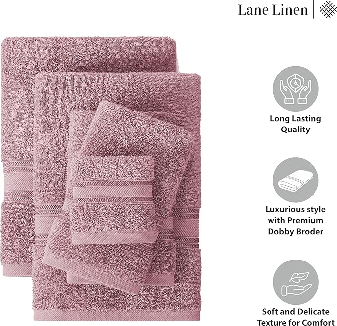 LANE LINEN Premium Bath Towel Set of 18 – 100% Cotton, 6 Bath, 6 Hand Towels & 6 Washcloths, Zero Twist, Ultra Soft & Durable, Quick-Dry, Ideal for Spa, Hotel & Everyday Use – Wishful Mauve