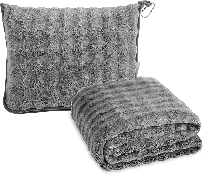 SOCHOW Travel Blanket for Airplane Train and Car, Soft Travel Blanket or Pillow 2 in 1 Compact with Portable Bag Pillowcase, Flight Blanket with Luggage Sleeve and Backpack Clip, Grey