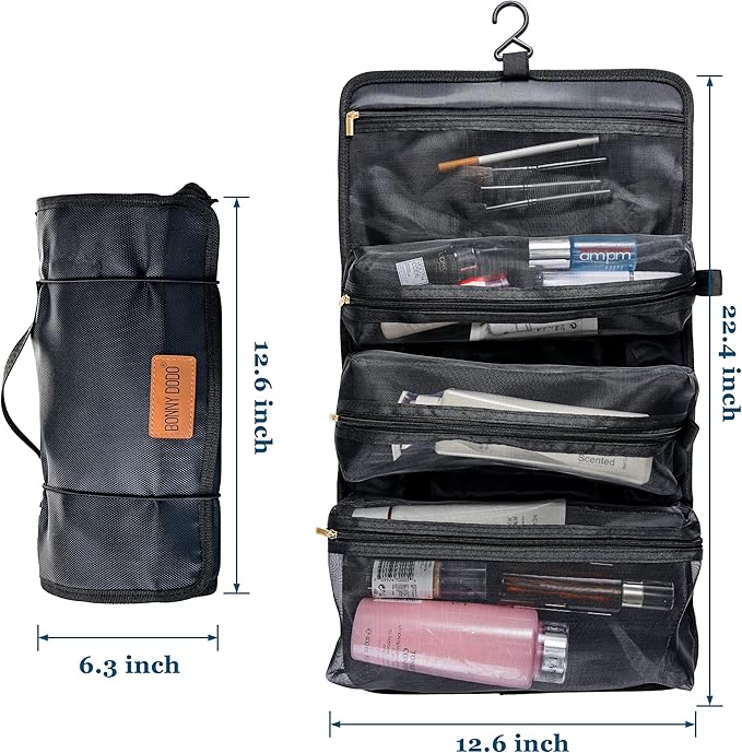 BONNY DODO Toiletry Travel Bag Can Hanging Large Roll-Up Makeup Organizer Bag with 3 Detachable Transparent Mesh Folding Cosmetic Travel Bags for Women & Men Black Toiletries Organizer Bag