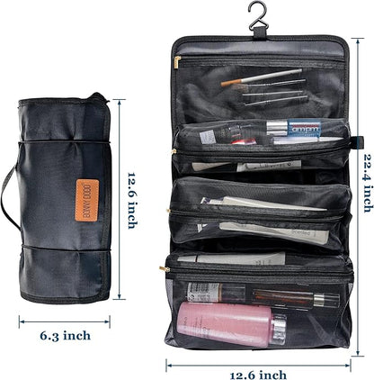 BONNY DODO Toiletry Travel Bag Can Hanging Large Roll-Up Makeup Organizer Bag with 3 Detachable Transparent Mesh Folding Cosmetic Travel Bags for Women & Men Black Toiletries Organizer Bag