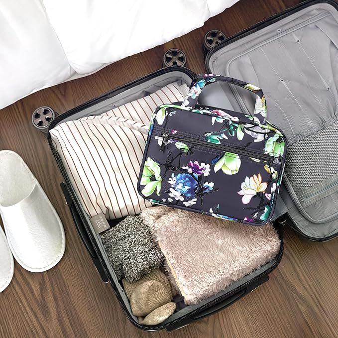 PAVILIA Hanging Toiletry Bag Travel Bag Women Men, Foldable Cosmetic Organizer, Roll up Makeup Bag, Water Resistant Accessories Toiletries, Large Travel Essentials Kit (Grey Floral)