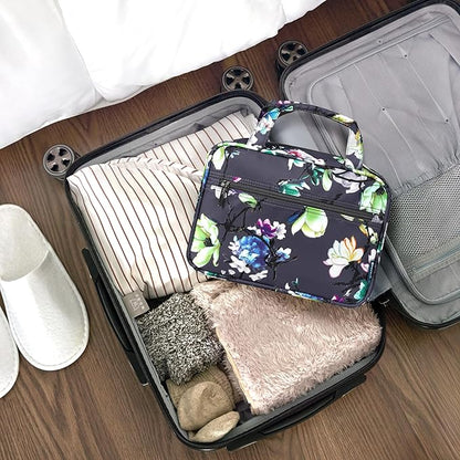 PAVILIA Hanging Toiletry Bag Travel Bag Women Men, Foldable Cosmetic Organizer, Roll up Makeup Bag, Water Resistant Accessories Toiletries, Large Travel Essentials Kit (Grey Floral)