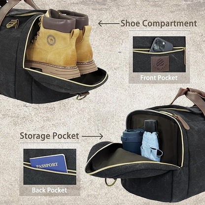 Duffle Bag for Travel, 50L Canvas Duffle Bag Vintage Travel Bag Overnight Bag with Shoes Compartment Men (Black)