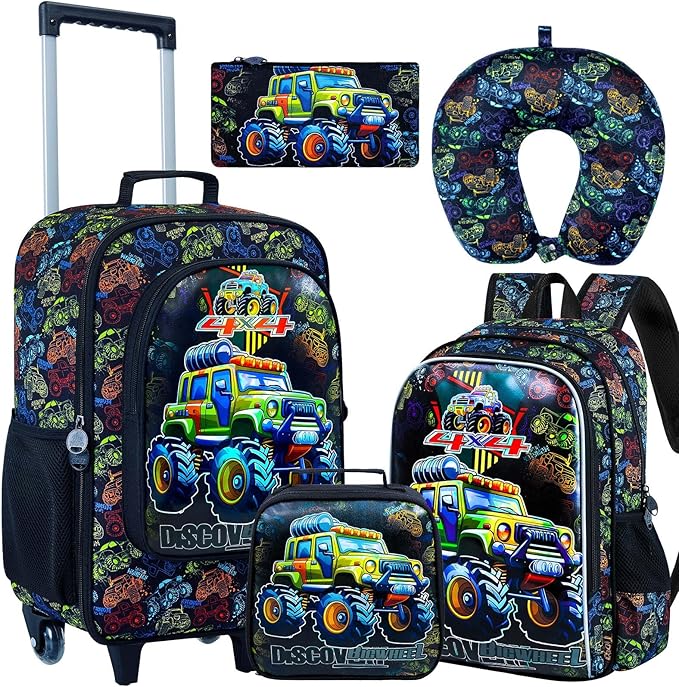 AGSDON 5 Piece Kids Luggage Set for Boys, Cute Rolling Wheels Suitcase for Toddler, Children Travel Carry on Suitcase - Car
