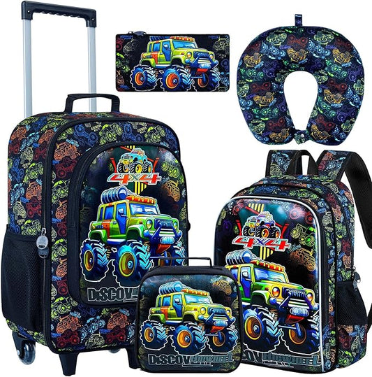 AGSDON 5 Piece Kids Luggage Set for Boys, Cute Rolling Wheels Suitcase for Toddler, Children Travel Carry on Suitcase - Car