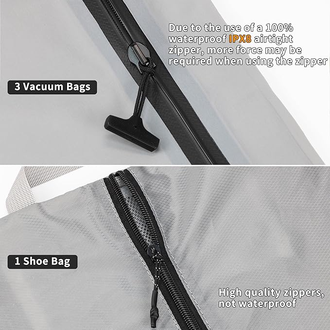 4 Set Vacuum Bags for Travel, Professional Reusable Organizer Bag with IPX8 Waterproof Zipper, Compression Bag for Suitcases, Durable Seal Space Saver Bags -Traveling Essentials (Grey,No Pump)