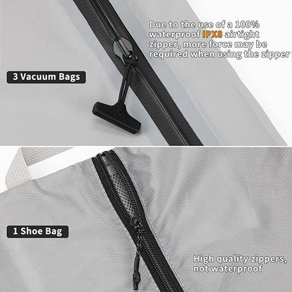 4 Set Vacuum Bags for Travel, Professional Reusable Organizer Bag with IPX8 Waterproof Zipper, Compression Bag for Suitcases, Durable Seal Space Saver Bags (with pump)