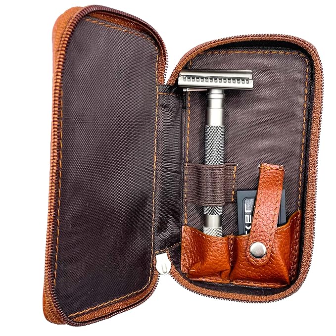 Parker Saddle‑Brown Leather Double Edge Safety Razor Case with Blade Compartment – Zip Travel Pouch
