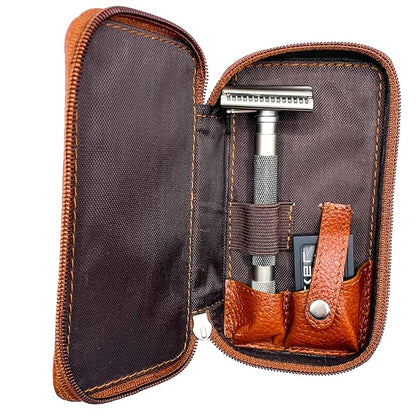 Parker Saddle‑Brown Leather Double Edge Safety Razor Case with Blade Compartment – Zip Travel Pouch
