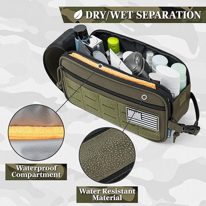 PAVILIA Tactical Toiletry Bag for Men, Travel Hygiene Bag, Military Gear Dopp Kit, Water Resist Molle Accessories Pouch, Mens Shaving Essentials, Gym Bathroom Shower Small Toiletries Tool EDC, Olive