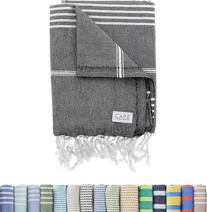 Large Turkish Beach Towel, Classic Black - Super Soft & Lightweight Quick Dry Absorbent Towels for Beach, Picnic Blanket or Bath Towel - Sand Free Organic Turkish Cotton Yarn