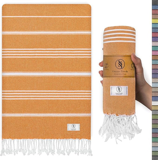 Turkish Beach Towel Striped & Smart Blend Oversized (39" x 71") - Quick Dry, Versatile and Functional as Picnic and Beach Blanket, Yoga, Pool, Travel and Gym Towels - Orange
