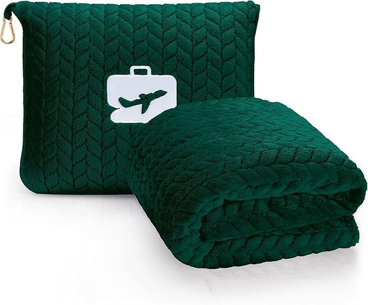 EverSnug Premium Travel Blanket Pillow - Soft 2 in 1 Airplane Blanket with Soft Bag Pillowcase, Hand Luggage Sleeve and Backpack Clip (Forest Green)