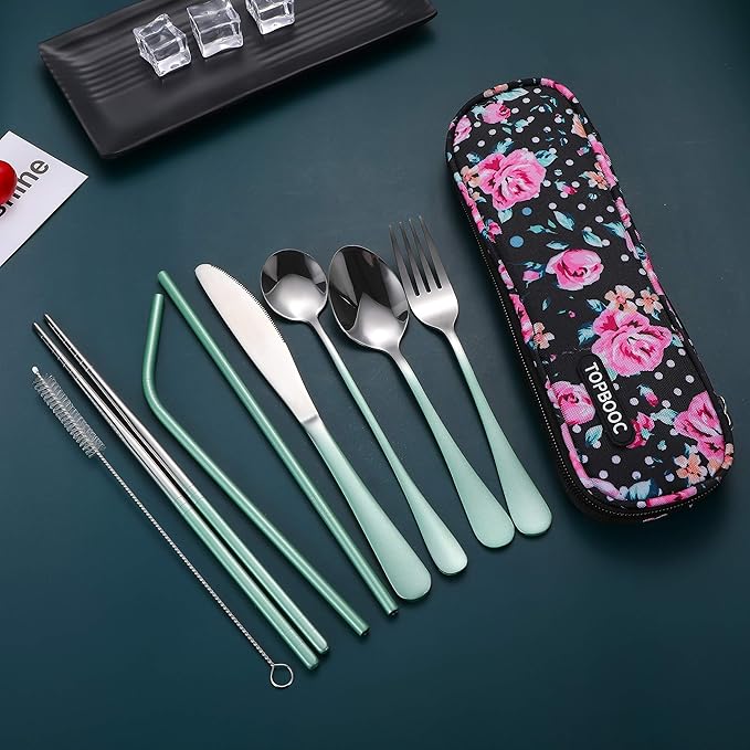 Travel Utensils,Reusable Silverware Set To Go Portable Cutlery Set with a Waterproof Carrying Case for Lunch Boxes Workplace Camping Picnic (GraGreen)