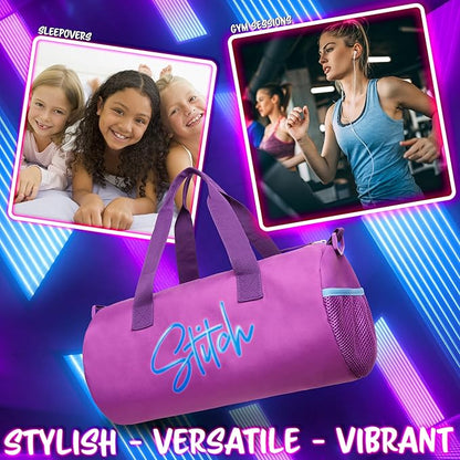 Disney Sports Duffel Bag, 15 x 7 x 7" Holdall 2 Pockets Adjustable Strap (Purple Stitch)