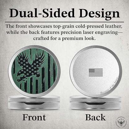 Leather-Faced Metal Pouch Can | Metal Container | Slim EDC Pocket Tin | Airtight & Moisture-Resistant | Daily Organizer | Pill Case & Travel Tin | Father’s Day Gift for Dad | (American Flag, Silver)