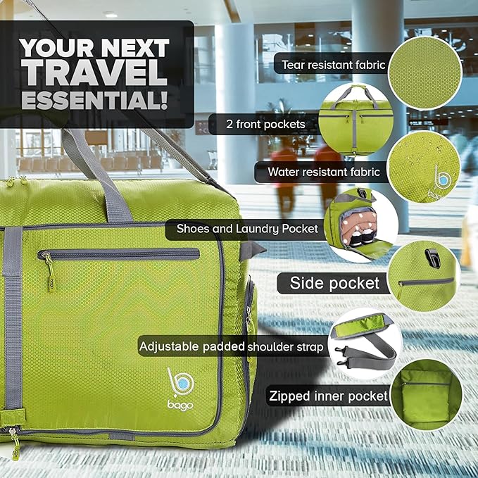 Bago Large Foldable Duffel Bags for Traveling Women & Men - 80L Packable Duffle Bag for Travel with Shoe Compartment - Water Repellant, Heavy Duty, Lightweight Folding & Collapsible (Green)