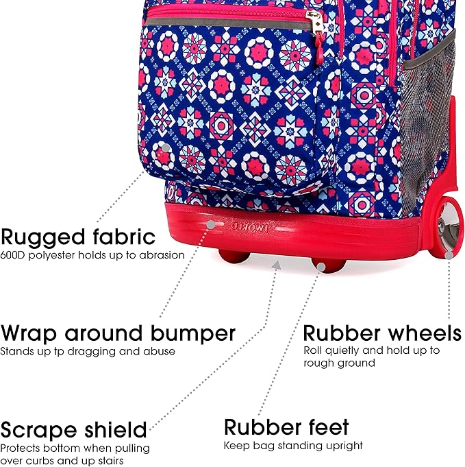 J World Sundance Laptop Rolling Backpack for Girls Boys. Roller Bookbag with Wheels, Trinket