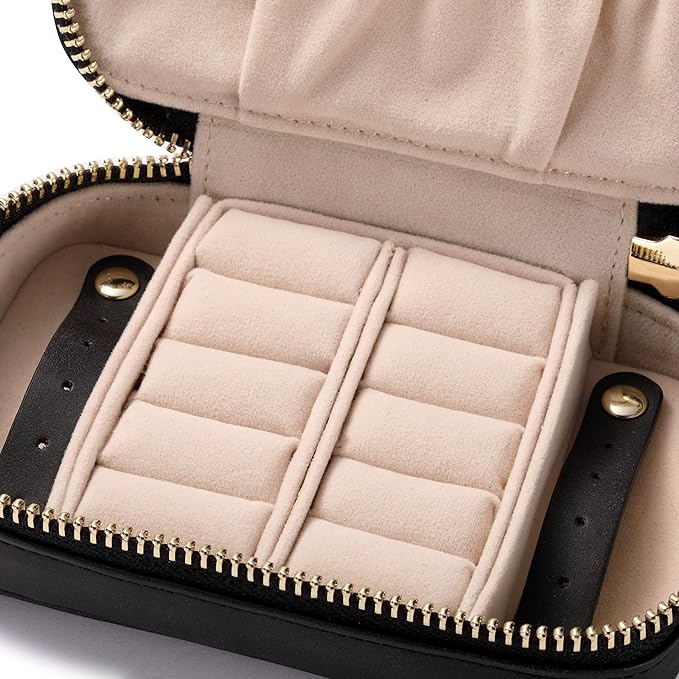 HISCOW Vegan Leather Travel Jewelry Case with Zipper - Portable Necklace & Earring Holder Organizer for Women Girls, Velvet-Lined Ring Box with Anti-Tarnish Design, Black