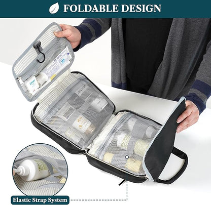 PAVILIA Hanging Toiletry Bag Travel Bag Women Men, Foldable Cosmetic Organizer, Roll up Makeup Bag, Water Resistant Accessories Toiletries, Large Travel Essentials Kit (Black Gold)