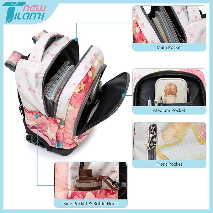 NEW TILAMI 18 Inch Rolling Backpack with Wheels for Girls Boys Kids Laptop Backpack School Travel, Orange Starshine