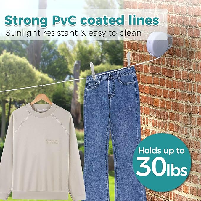 JS HANGER Retractable Clothesline Outdoor Indoor Laundry Line - 49 FT Single Lines Heavy Duty Wall Mounted Washing Line, Portable Clothes Drying Line with 24pcs Free Pegs